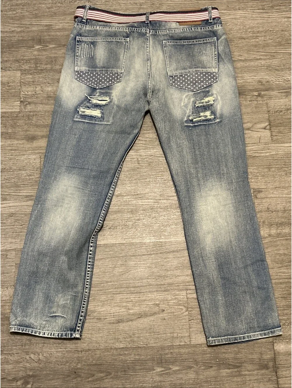 Men's Brooklyn Express Jeans  38/32 Blue Distressed Stars & Stripes Patches